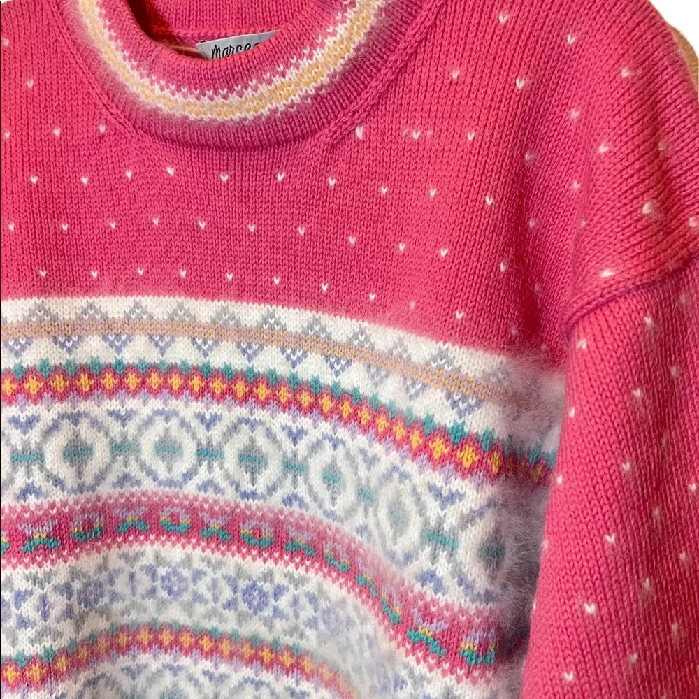 Vintage Marceau Wool Angora Fair‎ Isle Sweater Fuzzy Pink Mustard Cottagecore